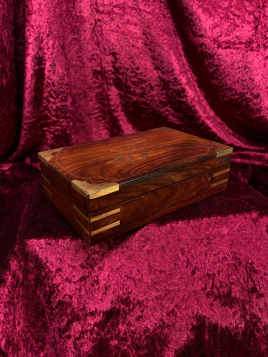 Vintage Wooden Trinket Box - Floral Inlay Brass Corner Keepsake Chest