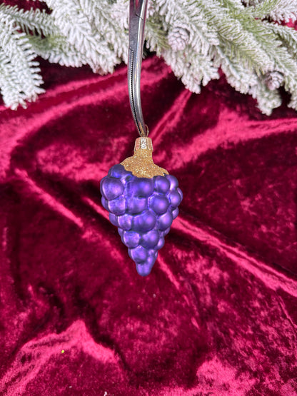 Vintage Christmas - Handblown Glass Ornament - Purple Grape Cluster with Gold Glitter