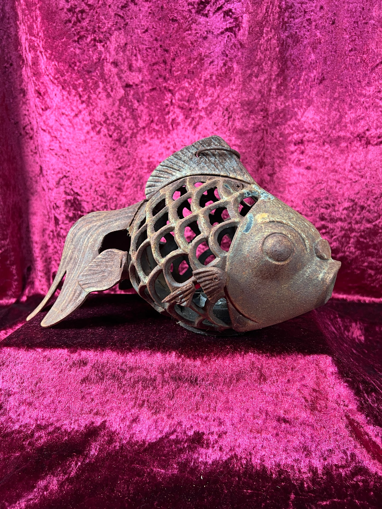 Vintage Home Decor - Hanging / Tabletop Candle Lantern - Cast Iron Koi Fish