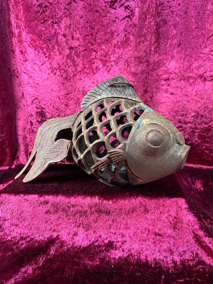 Vintage Home Decor - Hanging / Tabletop Candle Lantern - Cast Iron Koi Fish
