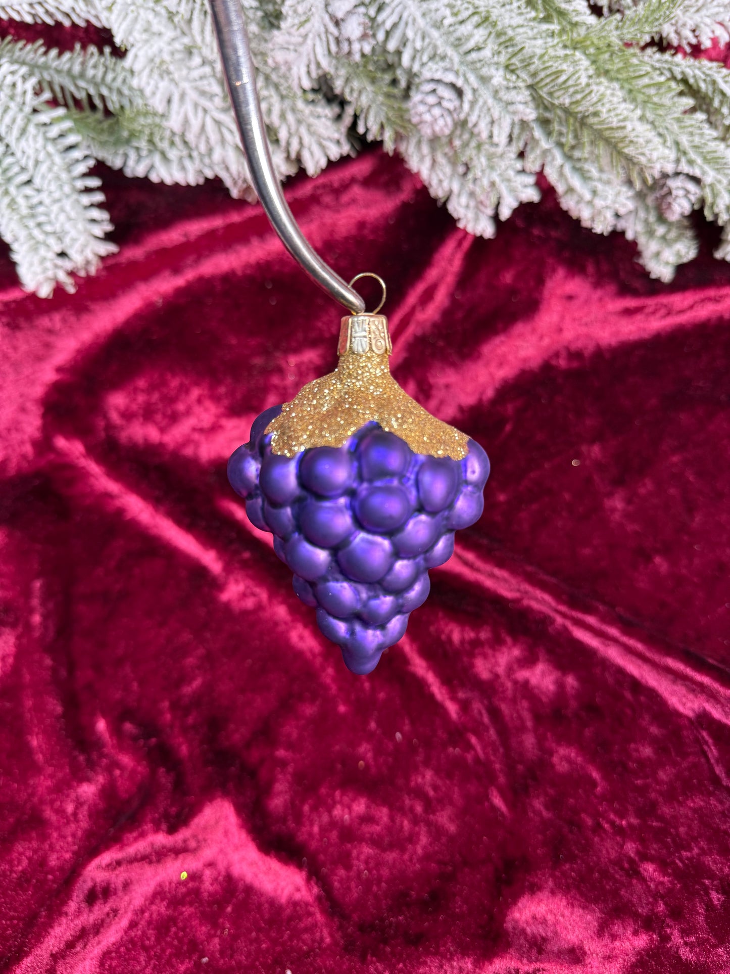 Vintage Christmas - Handblown Glass Ornament - Purple Grape Cluster with Gold Glitter