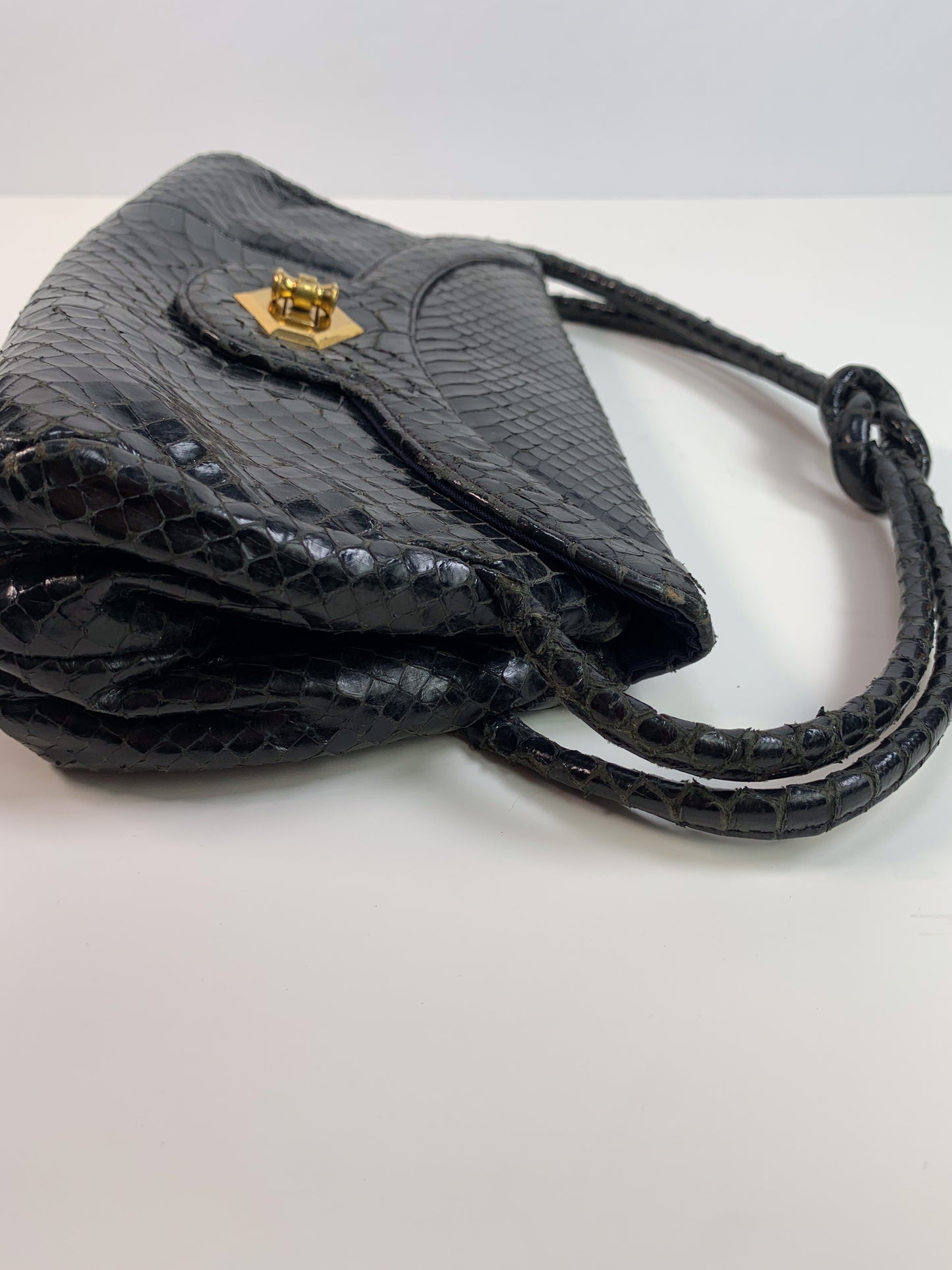 Vintage Black Leather Snakeskin Knot Handle Shoulder Bag with Gold Hardware