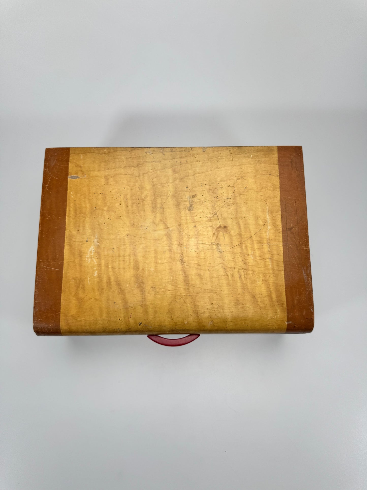 Vintage Streamlined Design Wooden Jewelry Box with Red Bakelite Handle