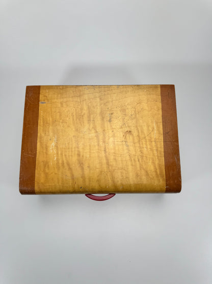 Vintage Streamlined Design Wooden Jewelry Box with Red Bakelite Handle