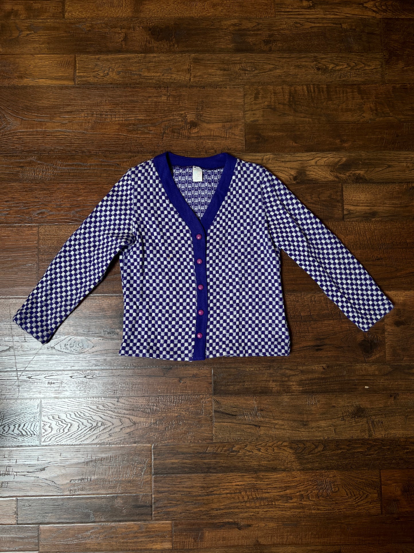 Vintage Acrylic Cardigan - Purple White Checkered Knit Button Front Sweater - Small
