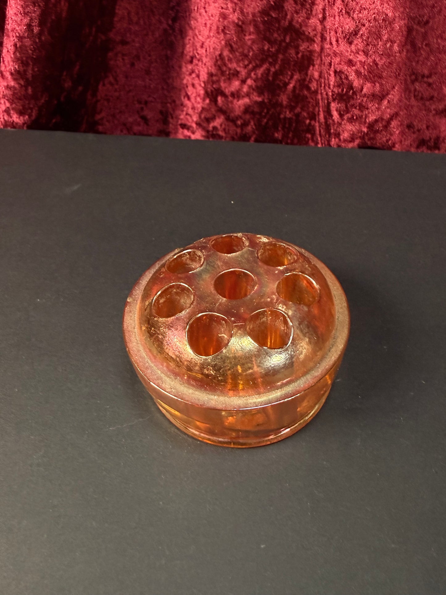 Vintage Carnival Glass Flower Frog – Marigold Iridescent Dome