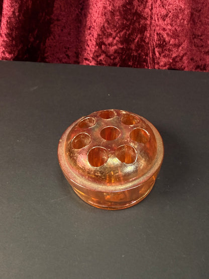 Vintage Carnival Glass Flower Frog – Marigold Iridescent Dome
