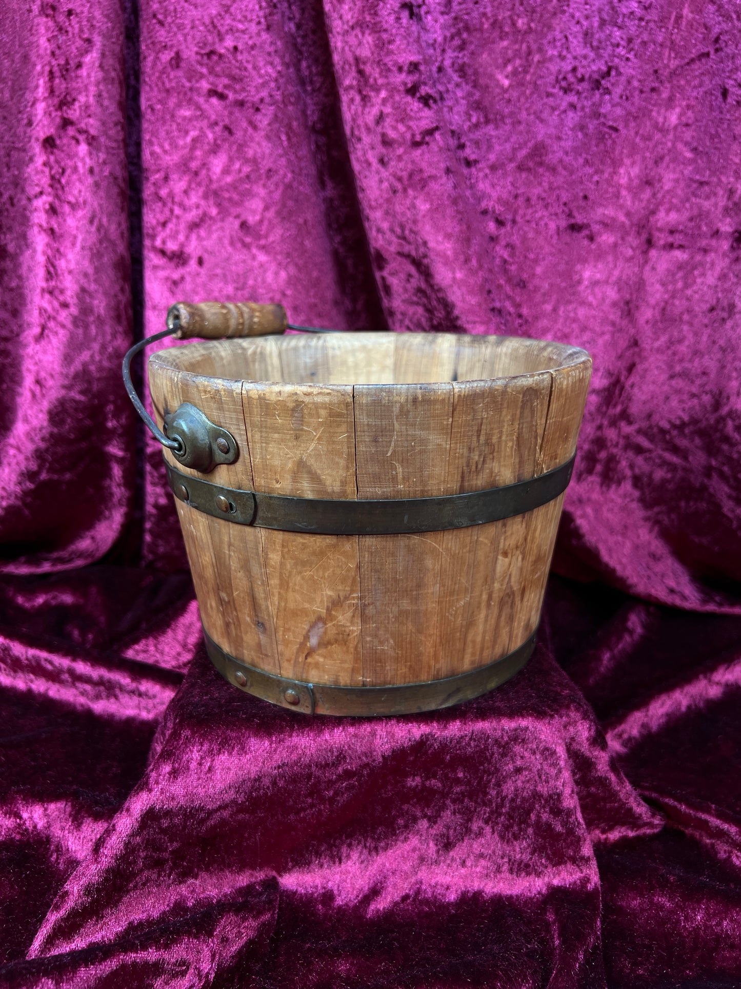 Antique Wood Bucket - Bentwood Stave Construction Iron Swing Handle