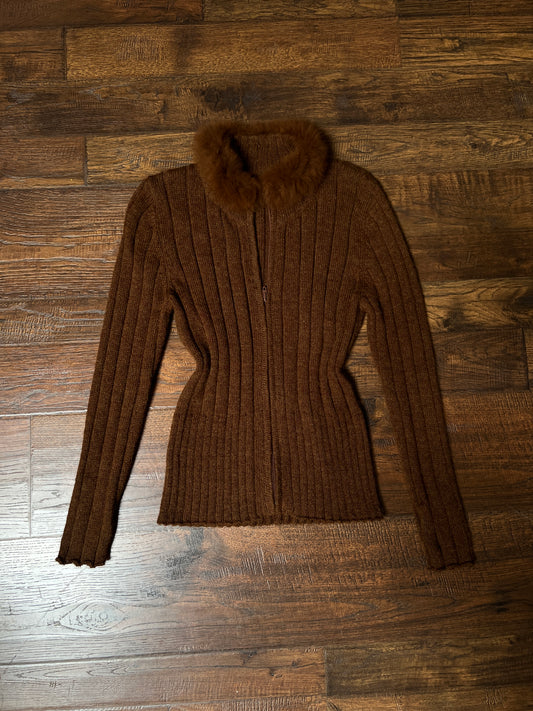 Vintage Inca Fashions Knit Sweater — Baby Alpaca Fur Collar Zip Front - Size Small