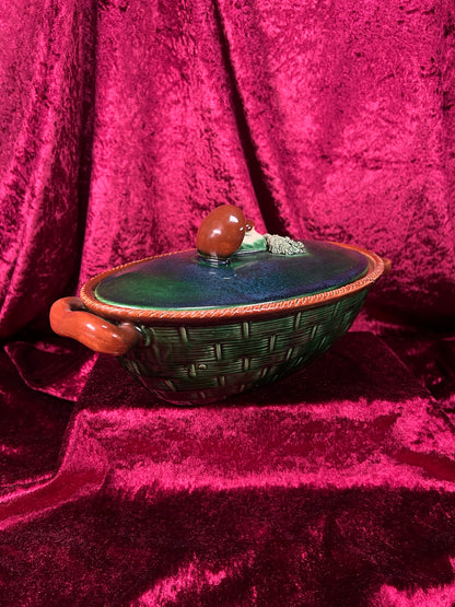 Vintage Ceramic Covered Casserole Dish - Majolica Mushroom Lid Basketweave Belgium Tellurite