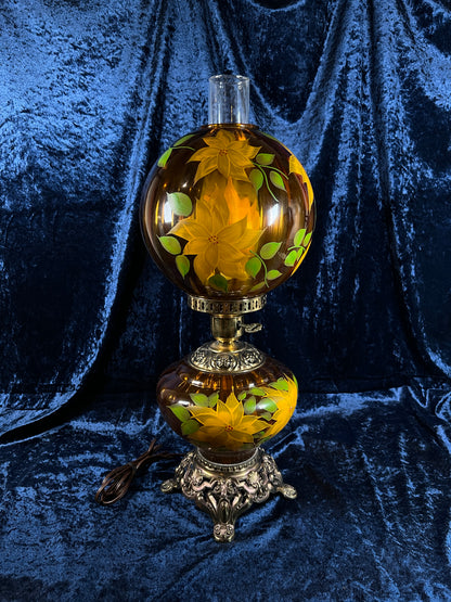 Vintage Amber Glass Parlor Lamp – Hand Painted Yellow Flowers Double Globe Hurricane Style