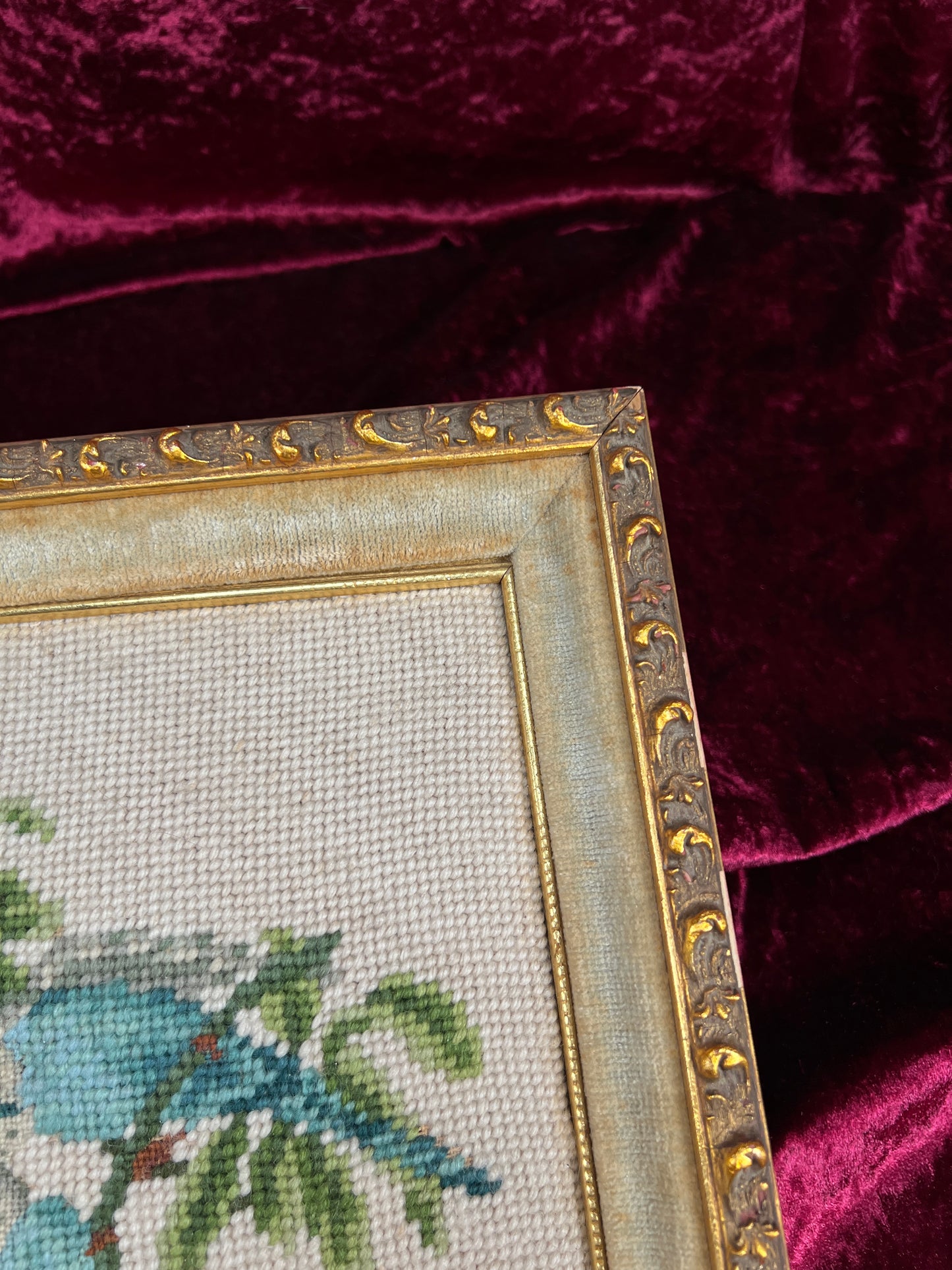 Vintage Framed Needlepoint Wall Art – Blue Parakeet Birds On A Branch