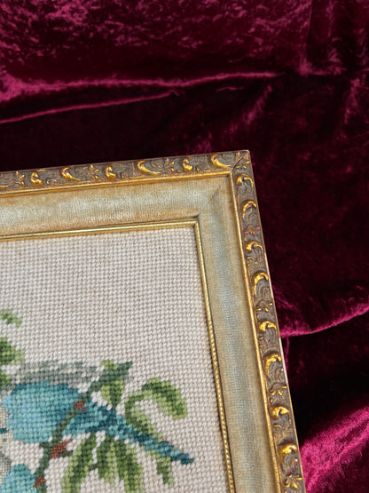 Vintage Framed Needlepoint Wall Art – Blue Parakeet Birds On A Branch