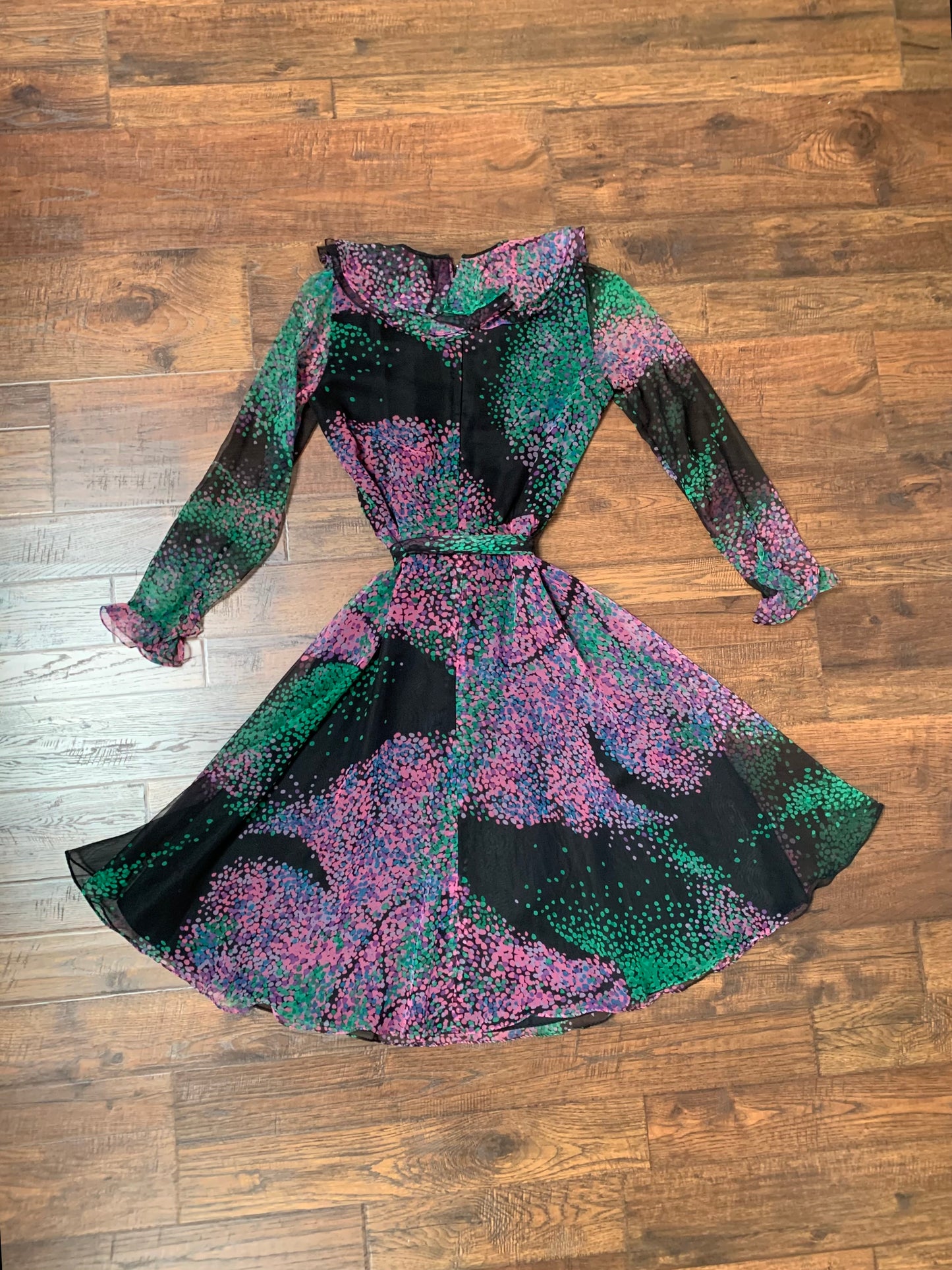 Vintage Dress - Miss Elliette California - A-Line Dress with Waist Tie - Sheer Purple & Green Florals - Made In U.S.A.