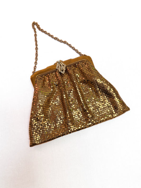Vintage Purse - Whiting & Davis Co. - Gold Metal Mesh Purse Art Deco Style Rhinestone Closure