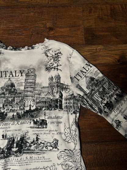 Vintage Impulse California Cotton Graphic Top — Scenic Italy Print Lettuce Hem - X-Large