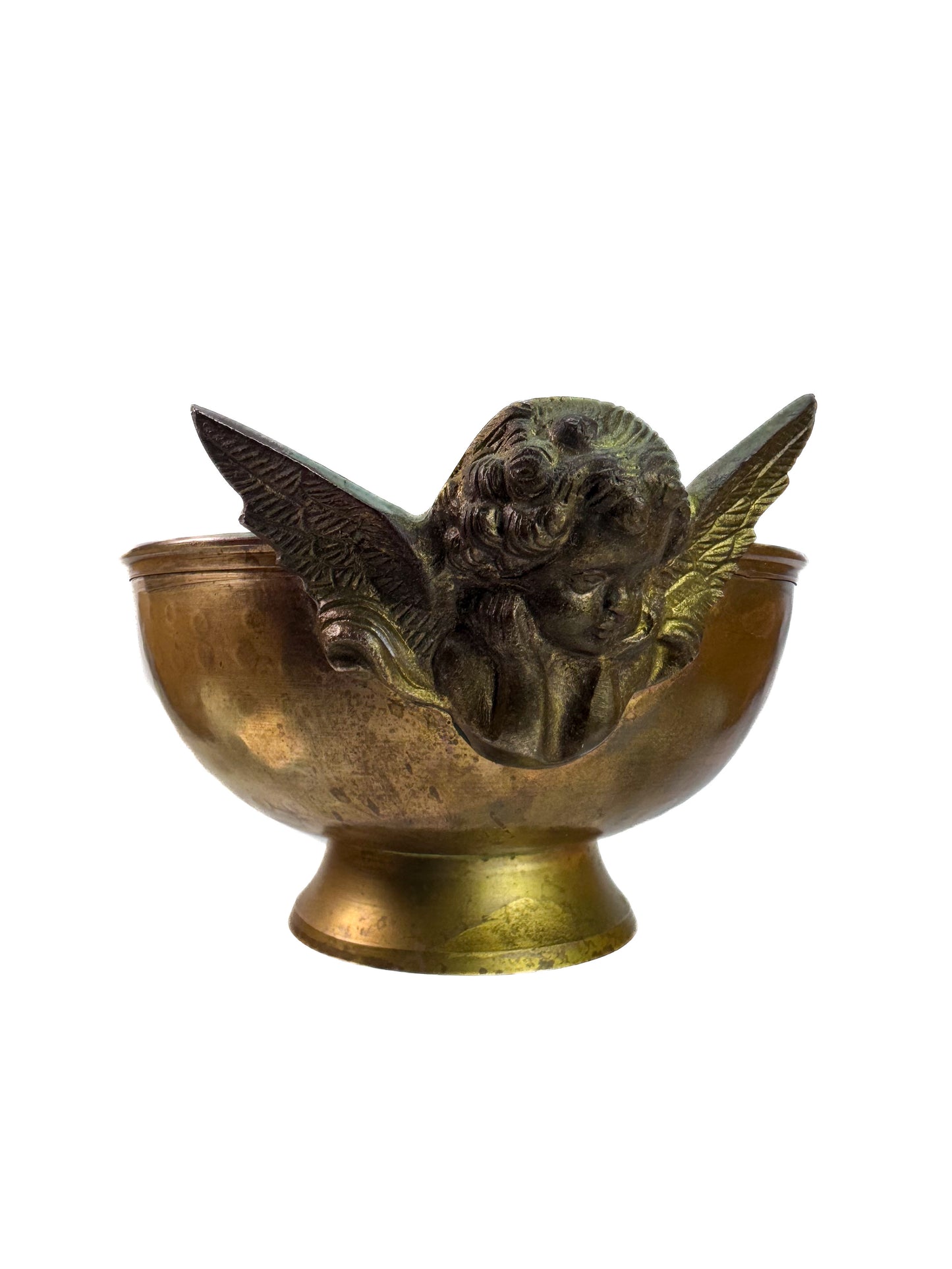 Vintage Copper & Brass Double Angel Pedestal Bowl