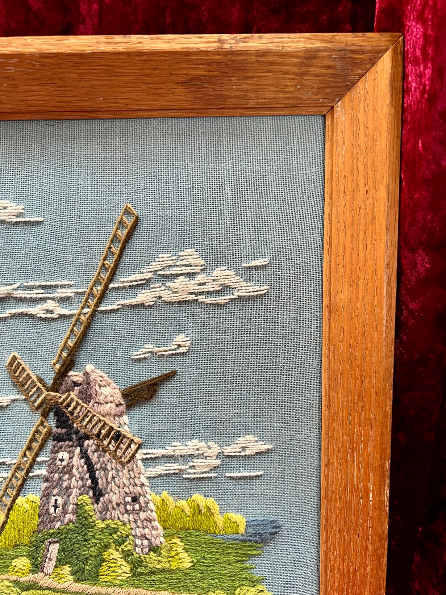 Vintage Framed Embroidery Art – Southampton Petticoat Windmill Crewel