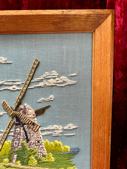 Vintage Framed Embroidery Art – Southampton Petticoat Windmill Crewel