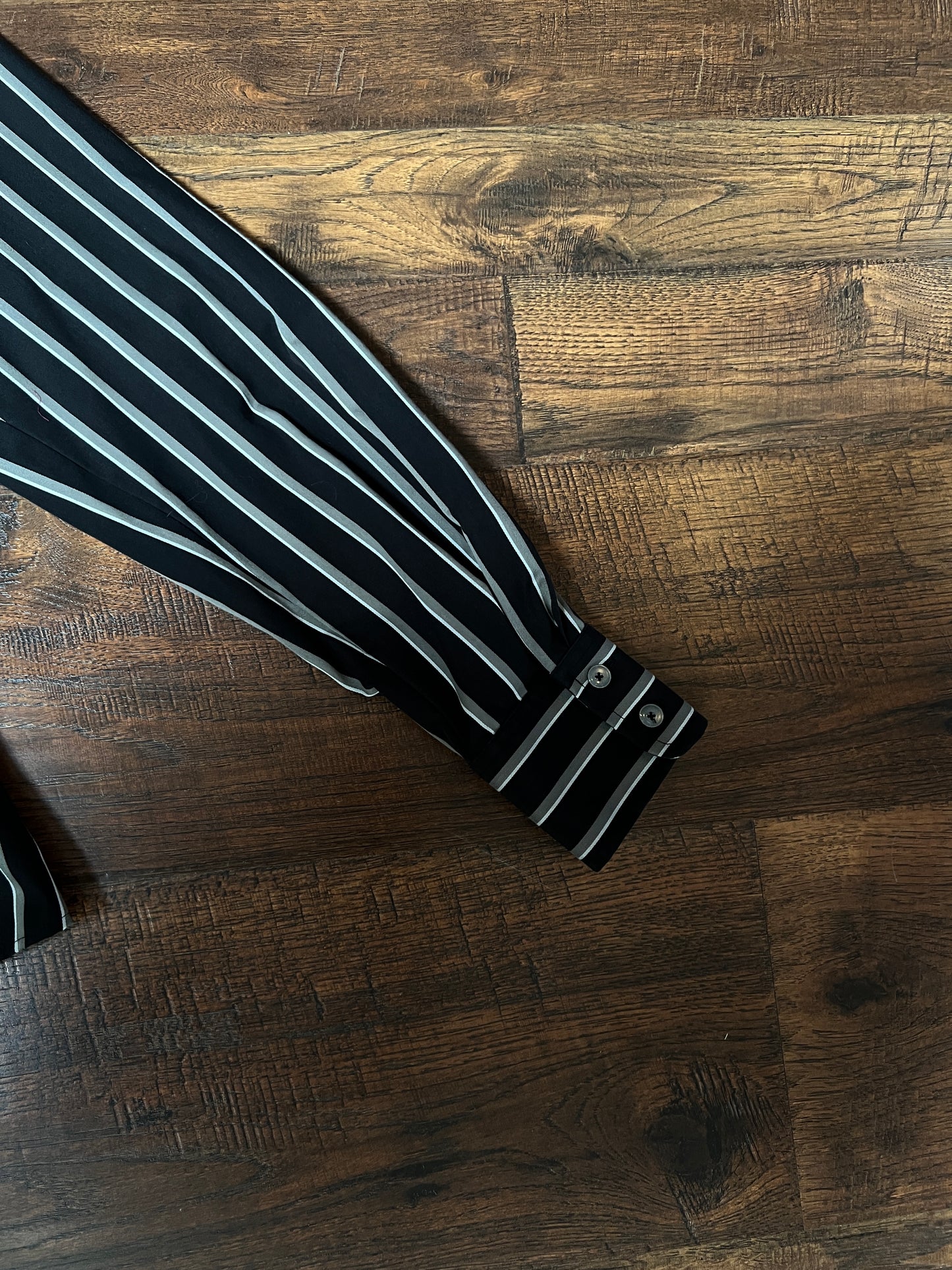 Vintage Foxcroft Fitted Blouse - Black Grey Striped Pleated Waist - Size Large