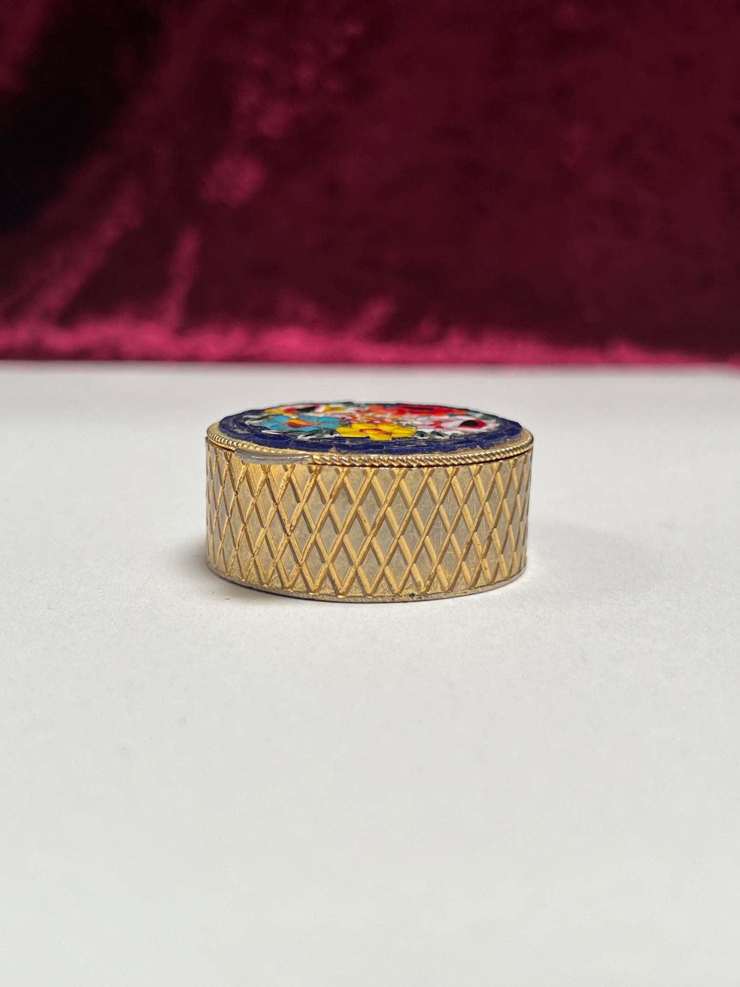 Vintage Trinket Box - Round Pill / Snuff Box - Italian Micro Mosaic - Dark Blue Floral - Basket Weave Design