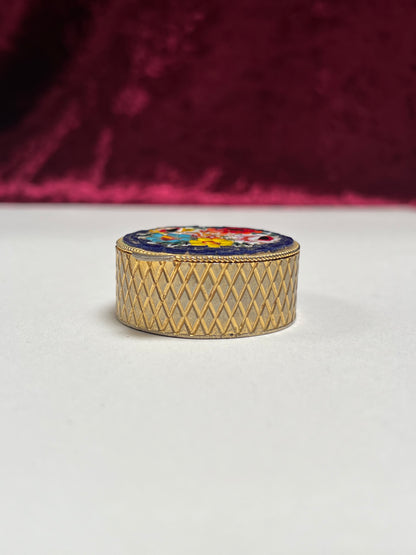 Vintage Trinket Box - Round Pill / Snuff Box - Italian Micro Mosaic - Dark Blue Floral - Basket Weave Design