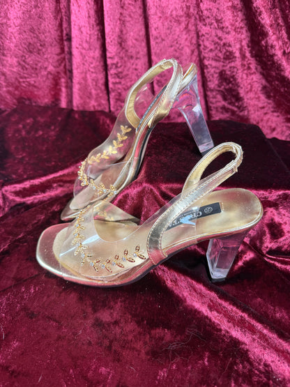 Vintage Shoes - Peep Toe Sling Backs with Lucite Heels and Gold Embellishments - Size 5