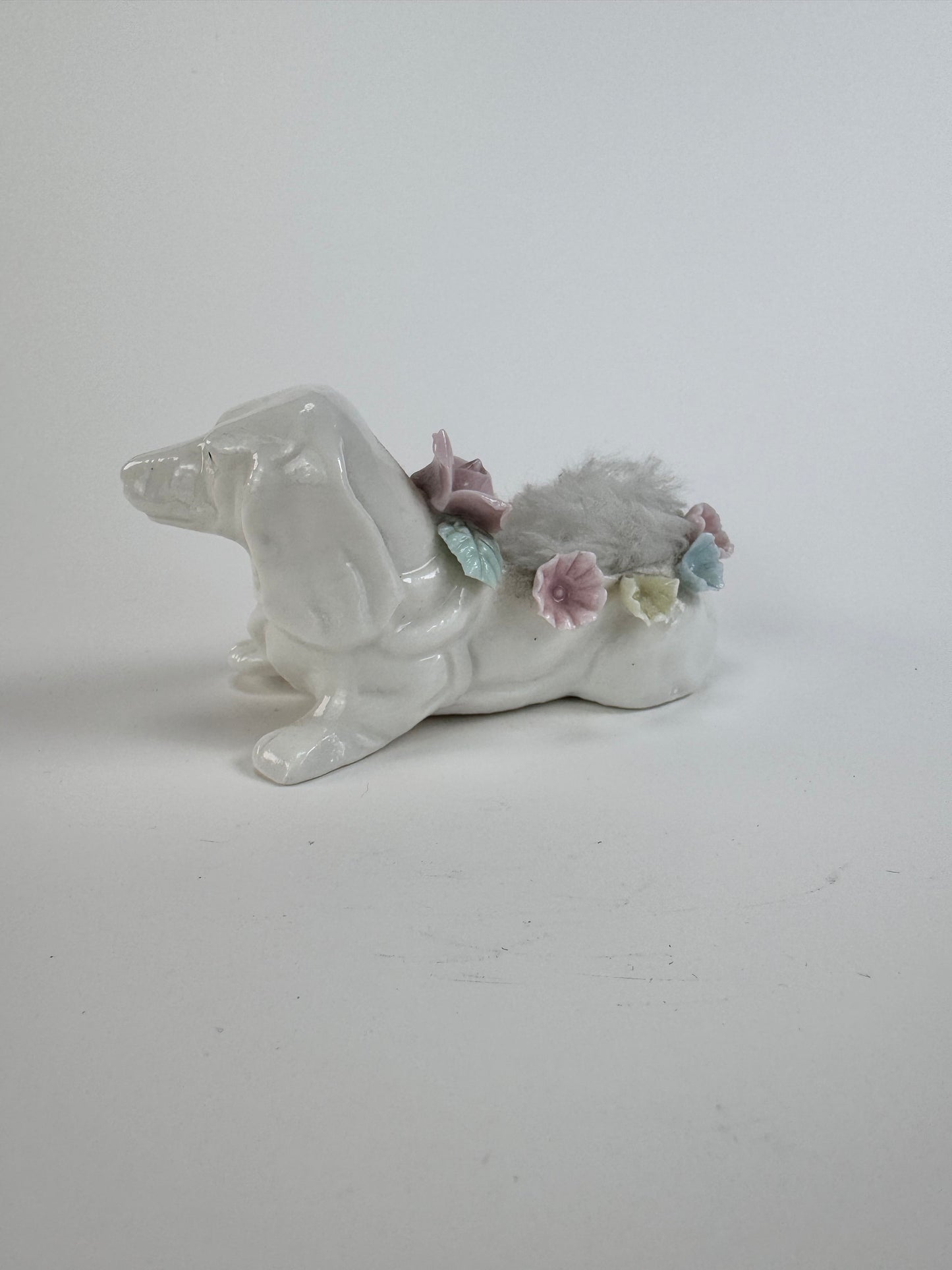 Vintage White Dachshund Dog Porcelain Pin Cushion - Blue Yellow Pink Flowers