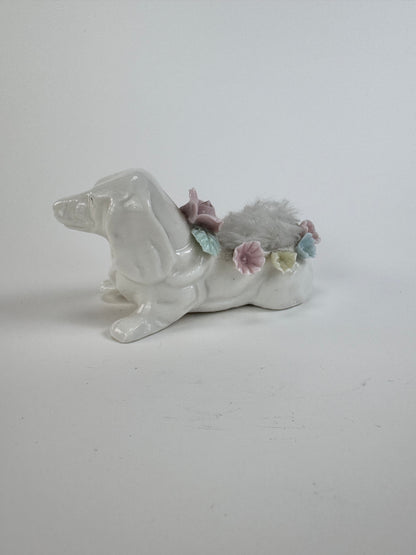 Vintage White Dachshund Dog Porcelain Pin Cushion - Blue Yellow Pink Flowers