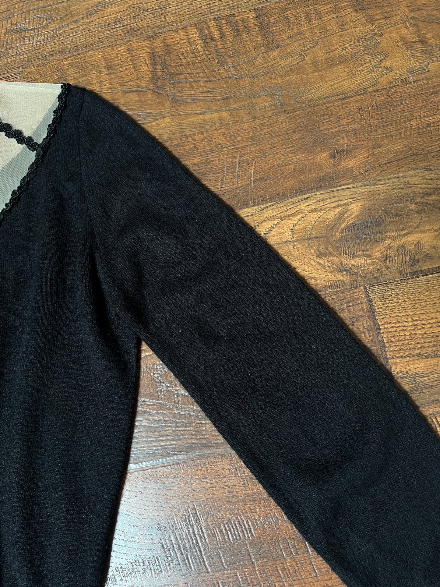 Vintage 1960s Knit Cardigan - Black Sheer Illusion Sequin Yoke with Metal Buttons - Size Medium
