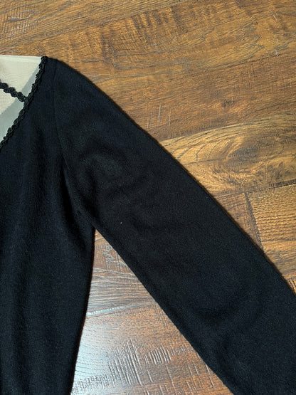 Vintage 1960s Knit Cardigan - Black Sheer Illusion Sequin Yoke with Metal Buttons - Size Medium