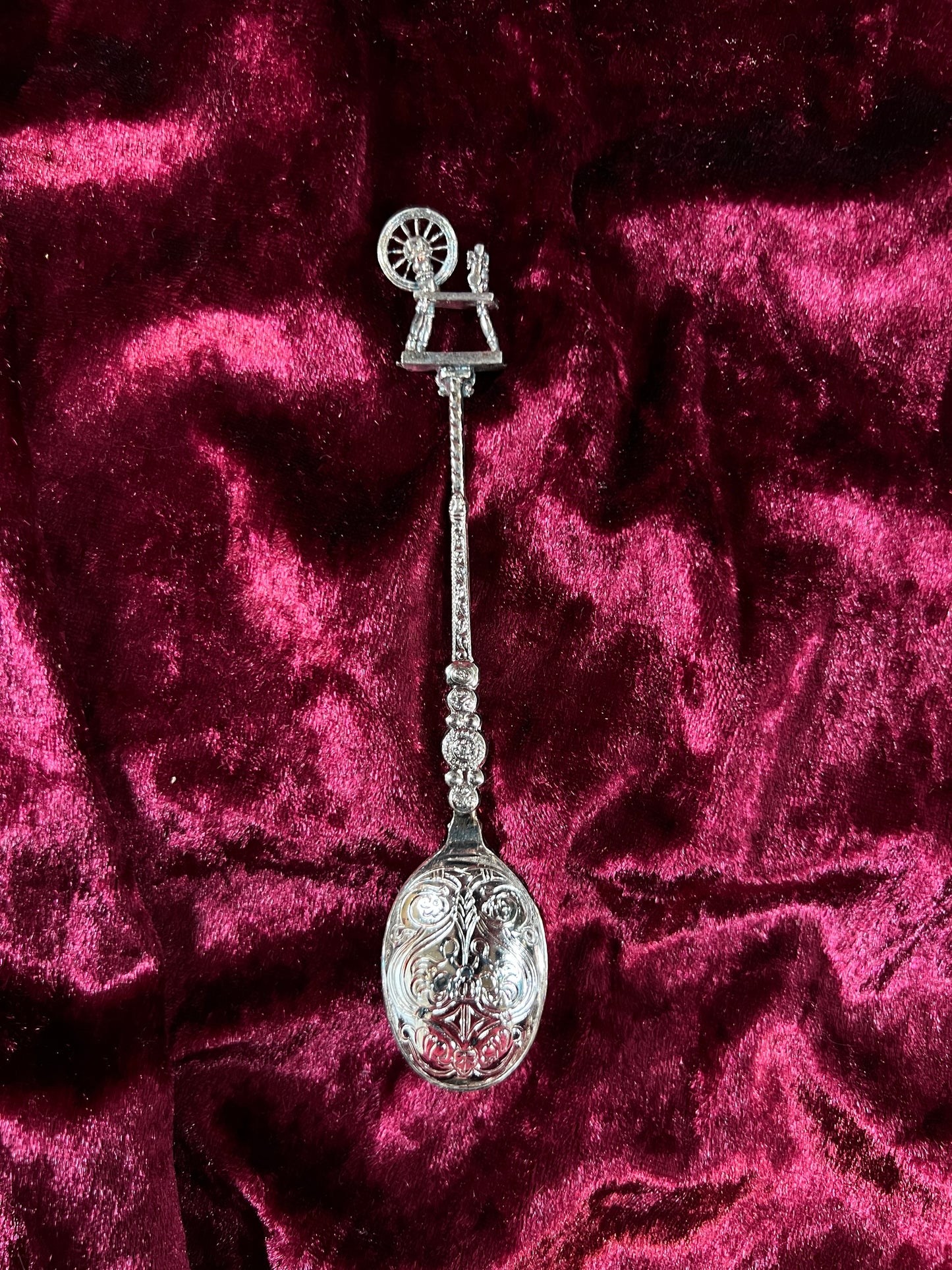 Vintage BW Silver Plated Spoon - Spinning Spindle Wheel Souvenir Collectible