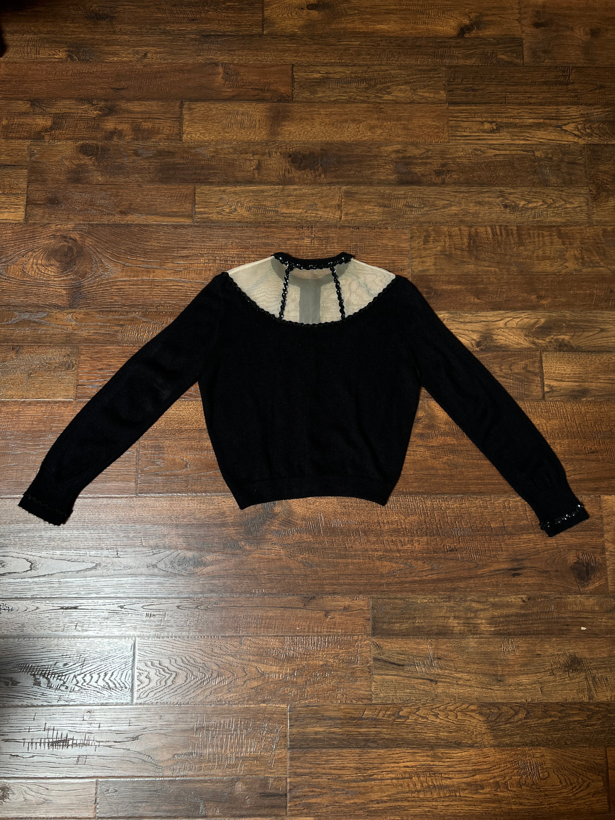 Vintage 1960s Knit Cardigan - Black Sheer Illusion Sequin Yoke with Metal Buttons - Size Medium