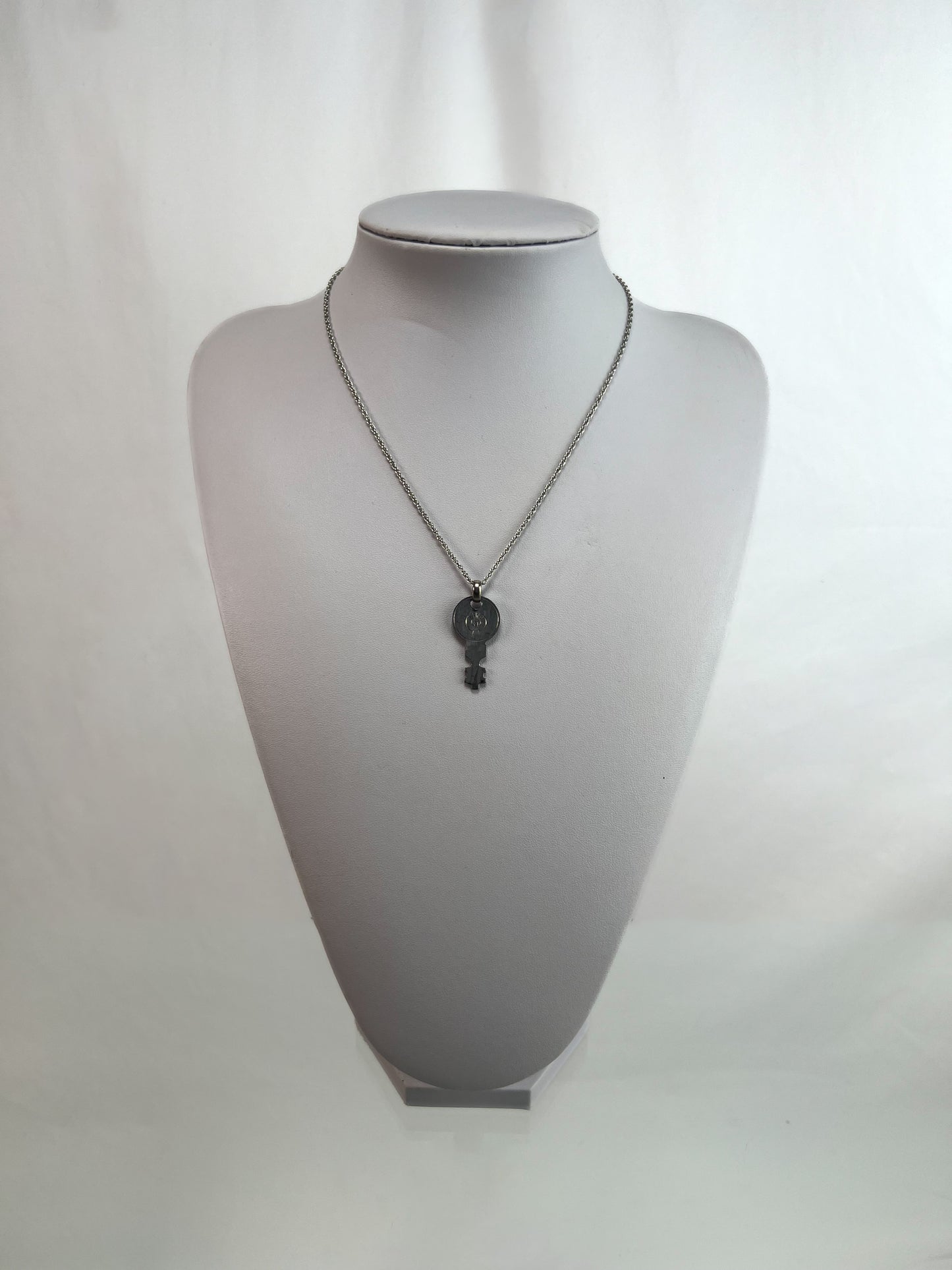 Vintage Jewelry - Pendant Necklace - Silver Tone Rope Chain - Old Eagle Lock Co. Logo Key