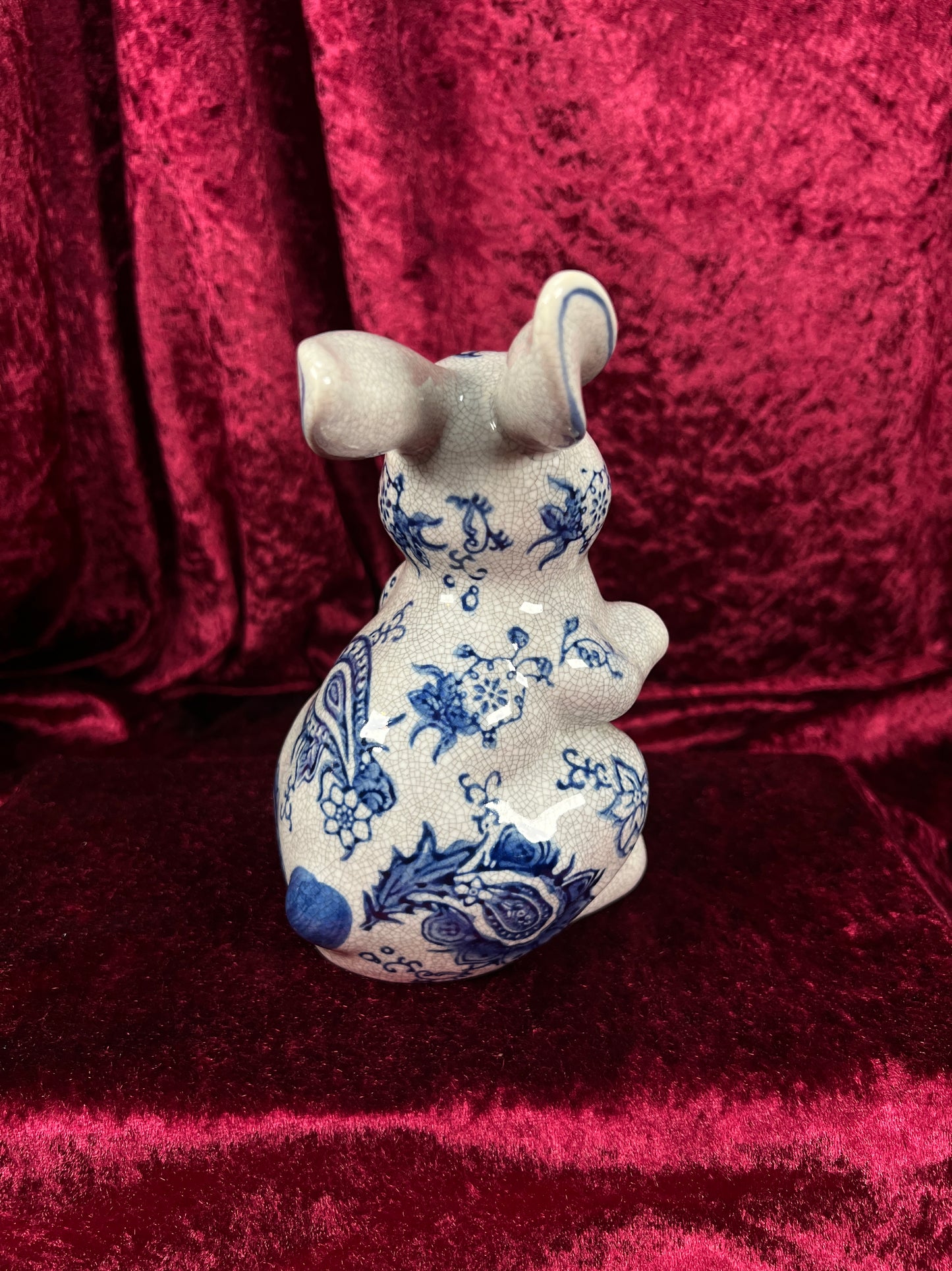 Vintage Ceramic Rabbit Figurine - Blue and White Floral Crackle Finish - Baum Bros