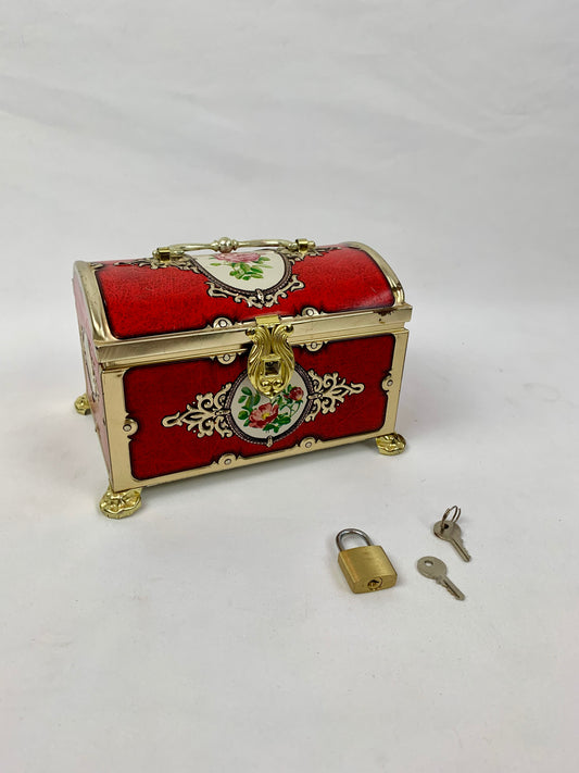 Vintage Blue Bird Confectionery Locking Treasure Box Tin with Lock & Key - Red & Gold Florals