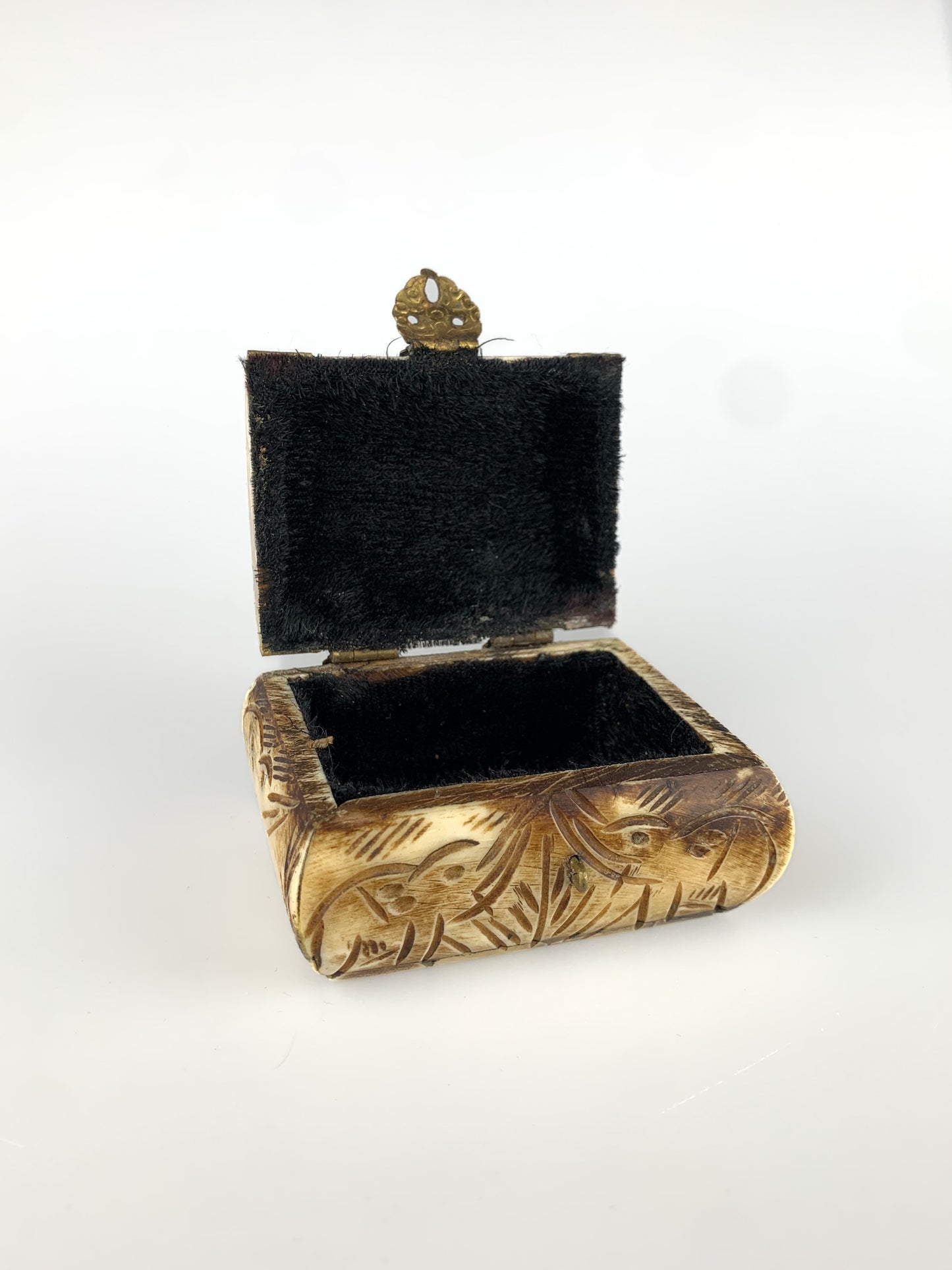 Vintage Bone & Brass Miniature Treasure Chest with Carved Elephants