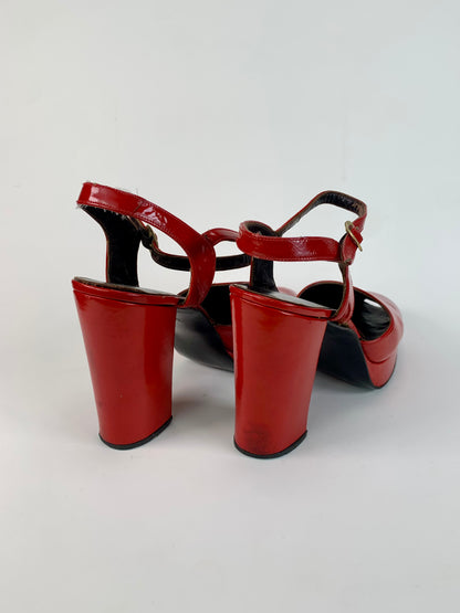 Vintage Shoes - Patent Leather Peep Toe Platform Heels - Cherry Red - 7 1/2