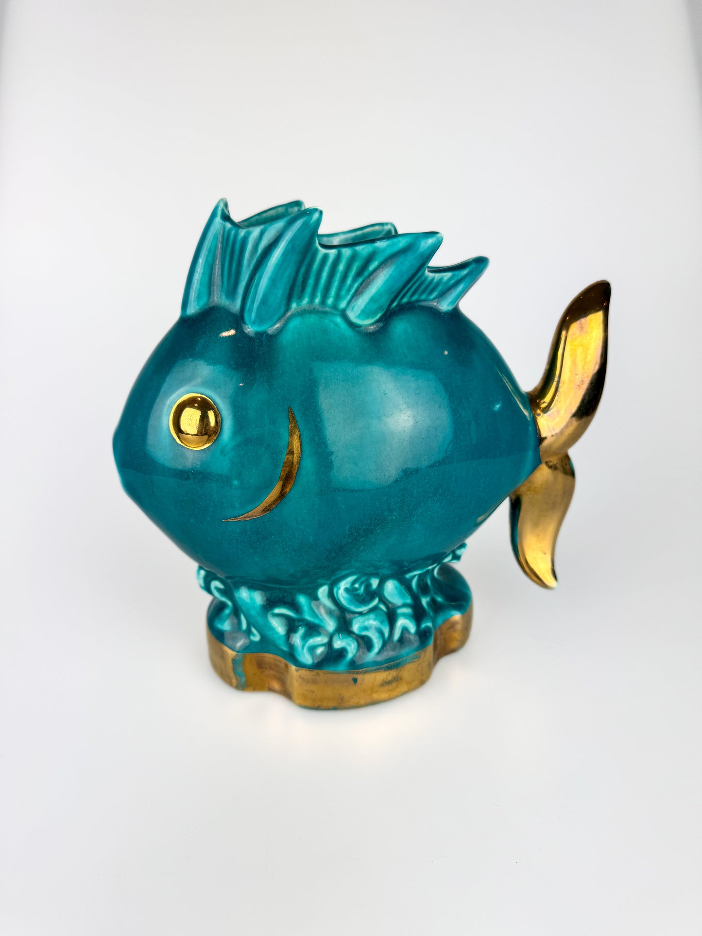 Vintage 1950s Turquoise Blue Fish Planter with Gold Detail - Coastal Chic