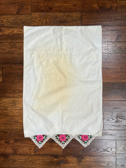 Vintage Linens - Pair of Embroidered Pillowcases - Pink Crochet Flowers