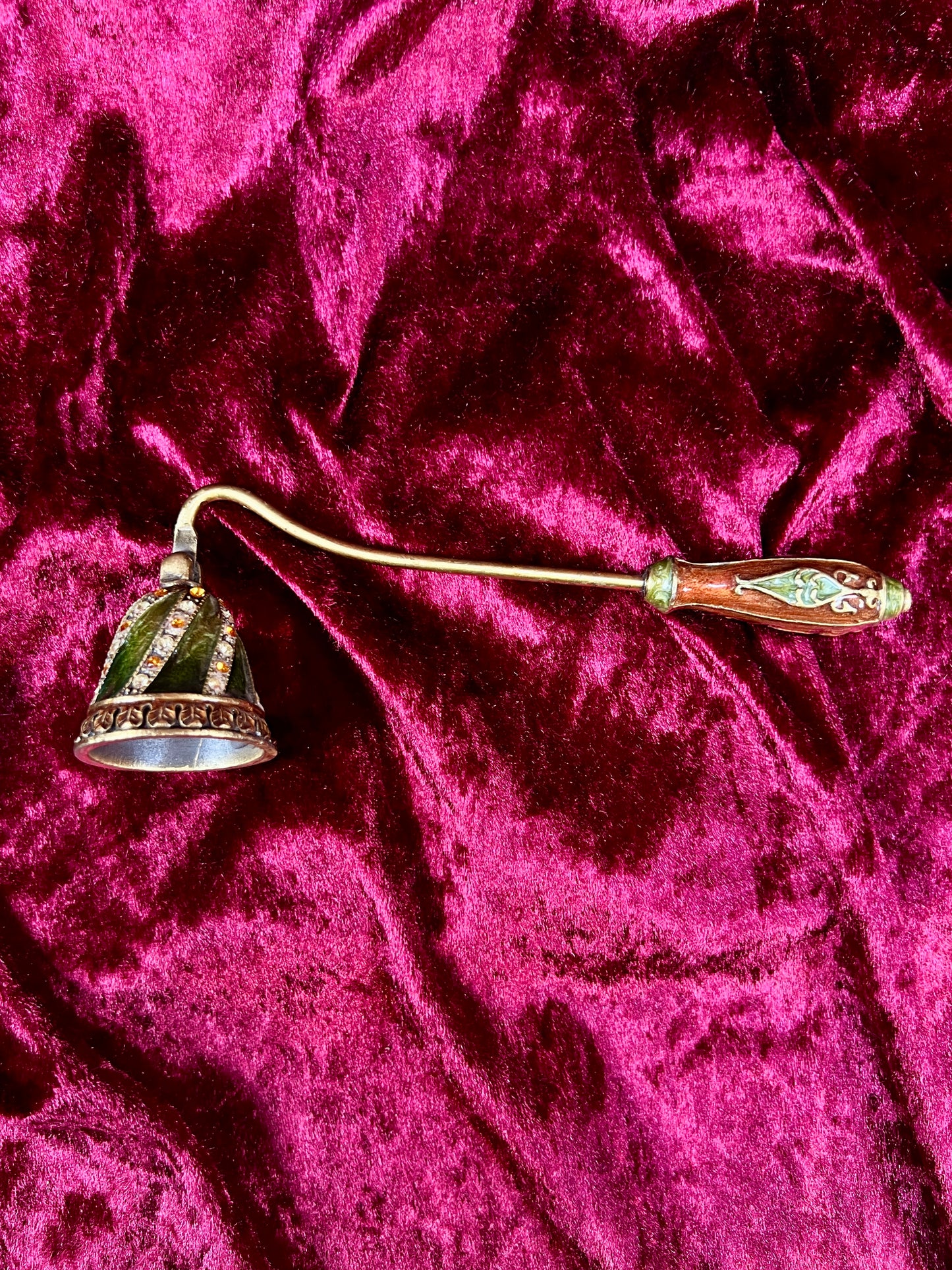 Vintage Brass Enamel Candle Snuffer - Jeweled Green Victorian Revival