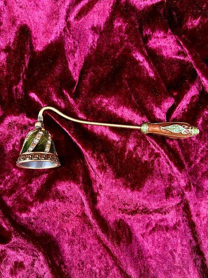 Vintage Brass Enamel Candle Snuffer - Jeweled Green Victorian Revival