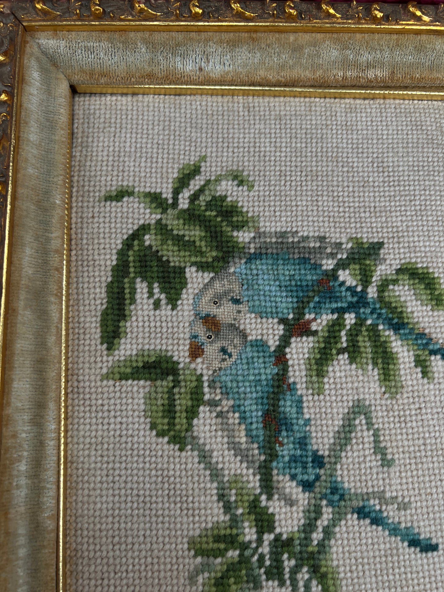 Vintage Framed Needlepoint Wall Art – Blue Parakeet Birds On A Branch