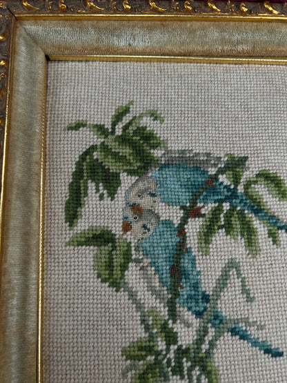 Vintage Framed Needlepoint Wall Art – Blue Parakeet Birds On A Branch