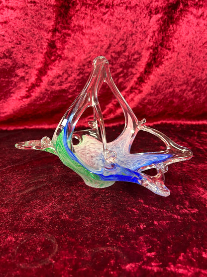Vintage Art Glass - Glass Basket Candy Bowl - Blue, Green, and Pink - Murano
