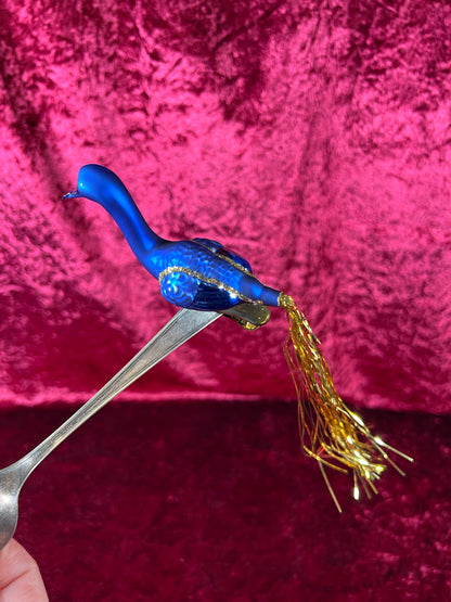 Vintage Christmas - Glass Clip-On Ornament - Royal Blue Crane with Tinsel Tail