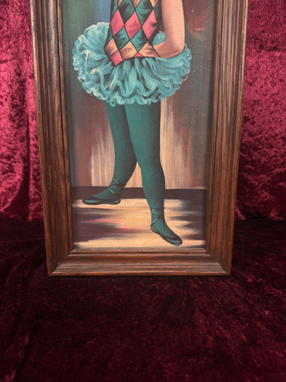 Vintage Mid Century Framed Wall Art – Big Eyes Harlequin Ballerina Girl Portrait - Moppet by Jean Maio