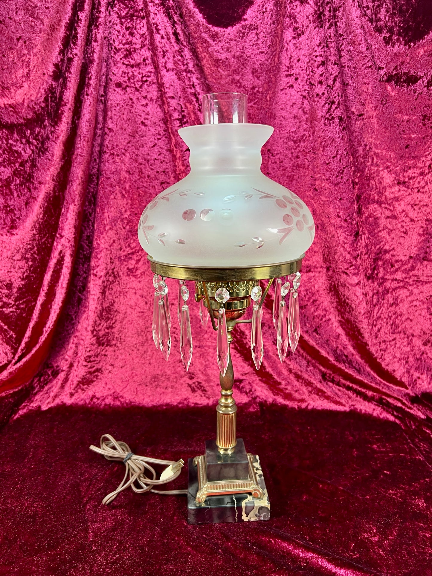Antique Marble and Brass Sinumbra Style Hurricane Lamp – Frosted Glass Shade with Crystal Prisms