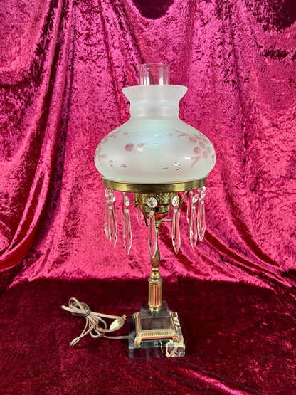Antique Marble and Brass Sinumbra Style Hurricane Lamp – Frosted Glass Shade with Crystal Prisms