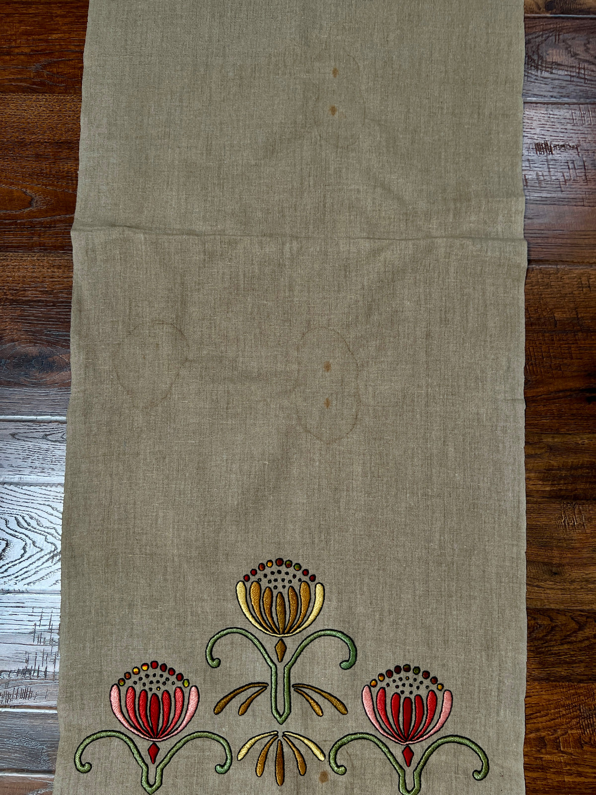 Vintage Linen Table Runner - Hand Embroidered Art Deco Florals Crochet Lace Fringe